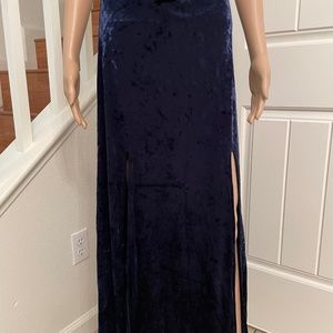 Navy Blue Velvet Maxi Double Front Splits Skirt